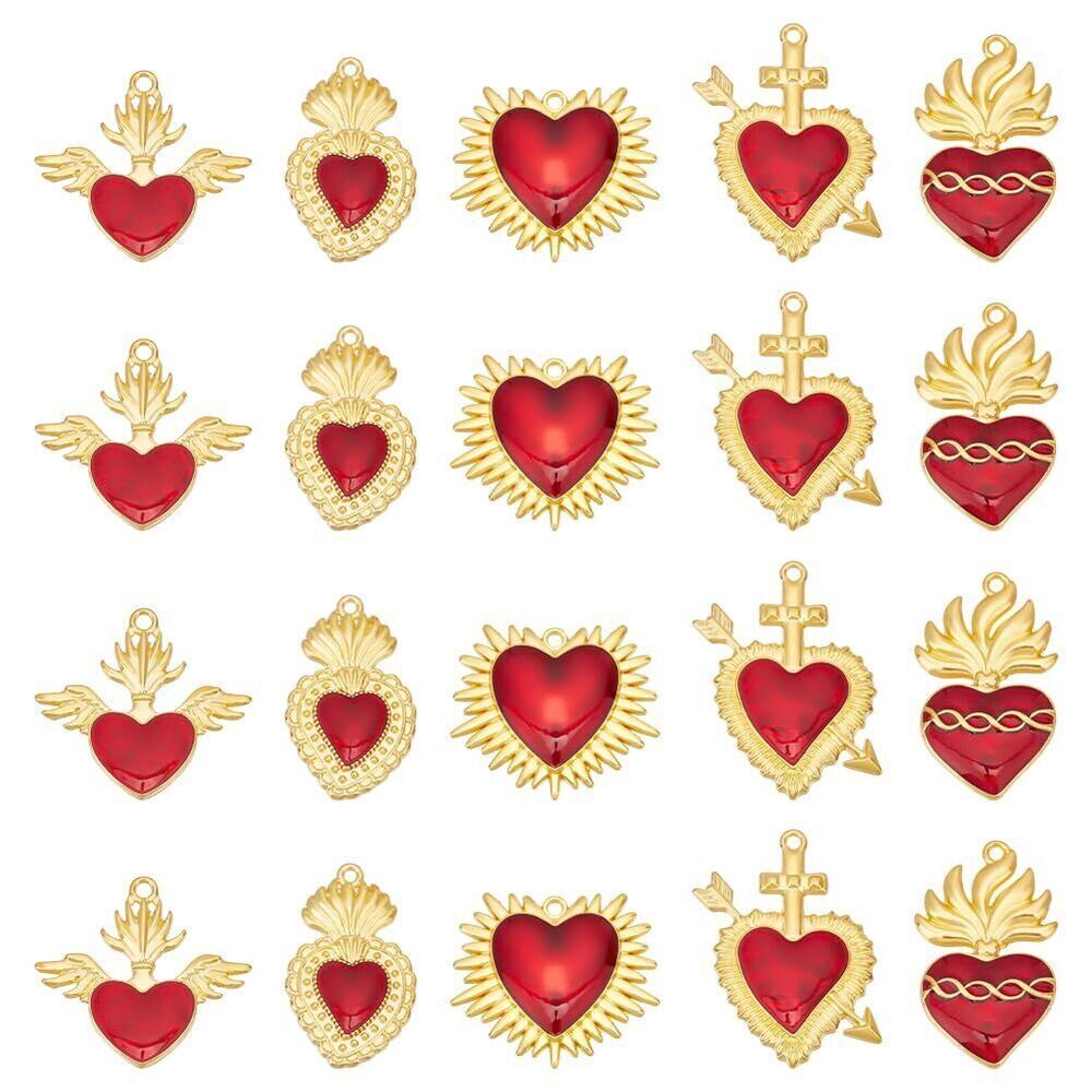 1034 20Pcs 5 Styles Heart Charm Alloy Enamel Pendants Golden Sacred Heart